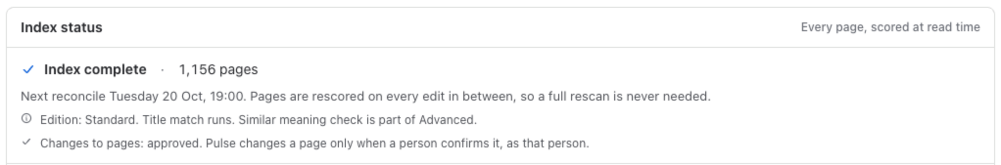 Index status: Index complete, 1,156 pages; the next reconcile; Edition: Standard; Changes to pages: approved