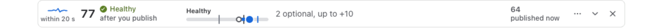 The line once the page is Healthy: 77, Healthy after you publish, and 2 optional, up to +10, beside 64 published now