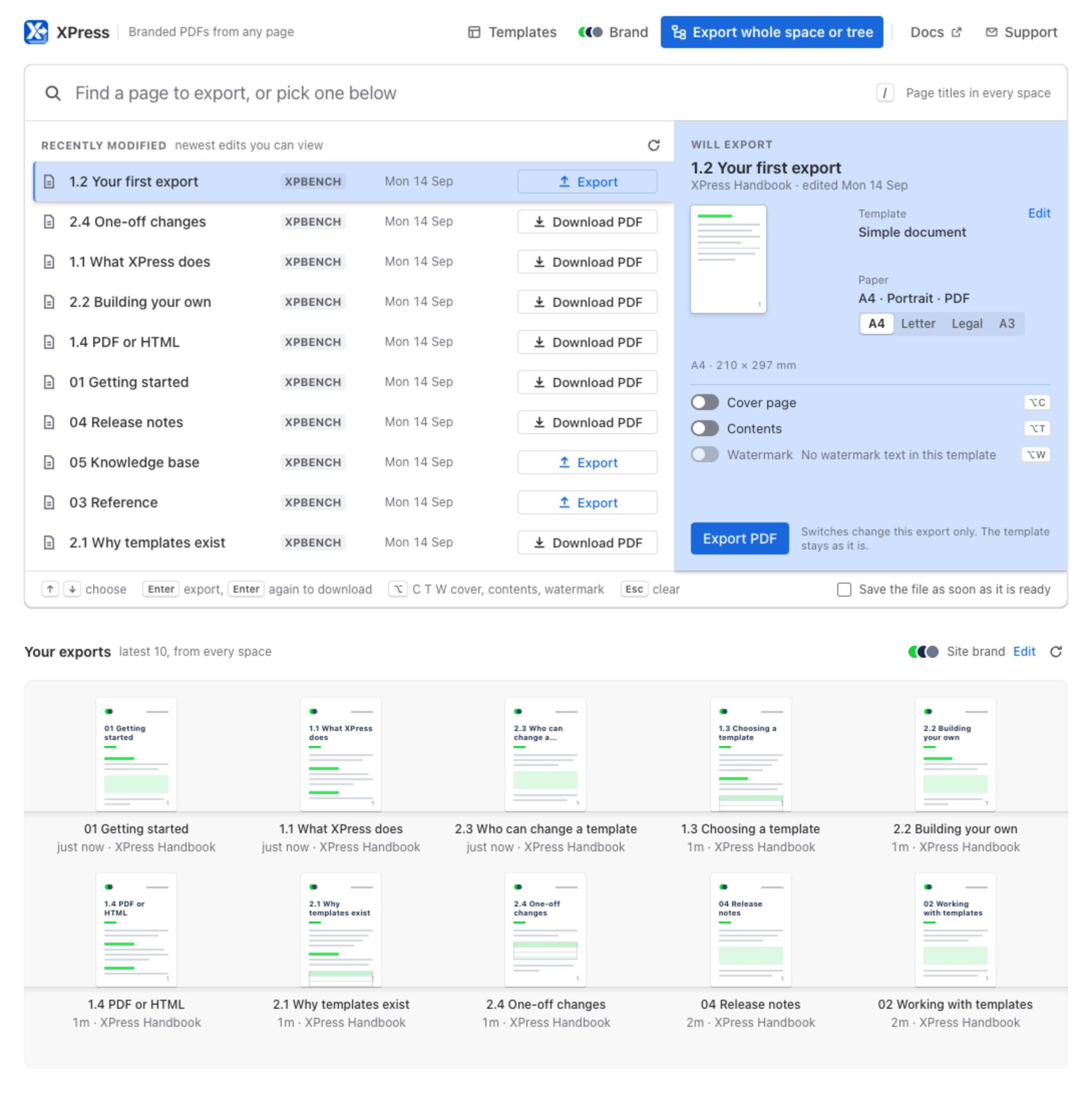 The XPress page under Apps: a search box above the ten most recently edited pages with 1.2 Your first export selected, the Will export panel showing its template, paper and switches, and a shelf of your latest exports below
